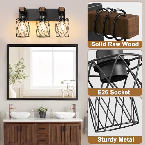 Black Farmhouse Bathroom Vanity Light - 3-Light Wooden & Metal Fixture