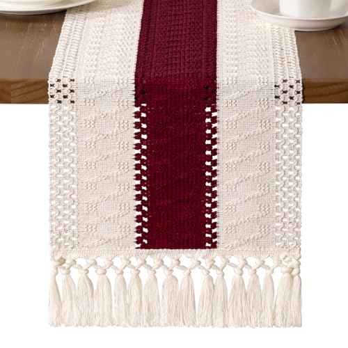MLMW Christmas Table Runner 36 inches Boho Farmhouse Rustic Ivory Burgundy Small Coffee Table Runner Macrame Woven Centerpiece for Fireplace Mantel Living Room Dining Room Bedroom Home Decor