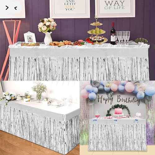 2 Pack 29.5x72 Inch Metallic Foil Fringe Tinsel Table Skirts Tinsel Backdrop Curtains for Rectangle Tables Parade Floats Mardi Gras Party(Silver)