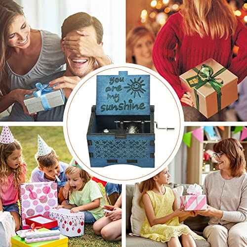 You are My Sunshine Wooden Music Boxes Laser Engraved Hand Crank Classical Wood Sunshine Musical Box Gifts for Birthday Christmas Valentine's Day (Blue Sunshine)