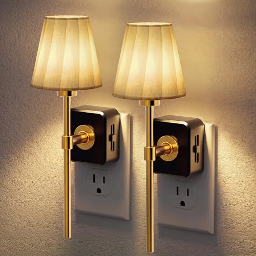 JandCase Night Lights Plug into Wall 2 Pack - Pleated Fabric Cover, Dimmable 3000K