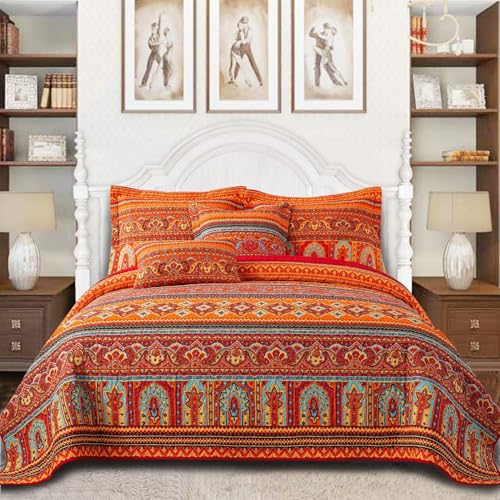VAPUTAR Boho Striped Red/Orange King Quilt Bedding Set 98x106 inches