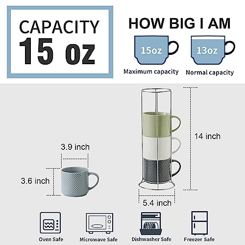 Multicolor Coffee Mug Set with Metal Stand - 15 oz Embossed Ceramic Cups for Latte Tea Cappuccino
