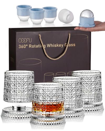 CEEFU Gem Cut 360° Spinning Whiskey Glass Set of 4 with Gift Box & Ice Ball Molds