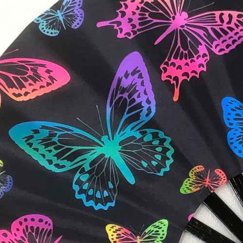 Folding Fan UV Glow Rave Bamboo Summer Hand Fan Butterfly Decoration Dancing Party Wedding Night Club Concert Festival Large (Multicoloured-10, M)