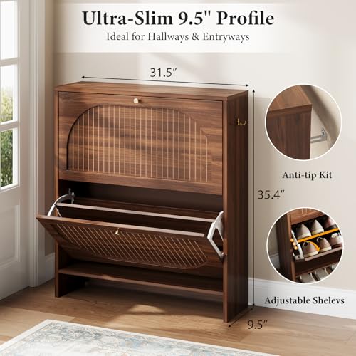 Nicetree Arch-Chic Shoe Cabinet - Narrow Fluted Entryway Storage, Adjustable Shelves, Walnut Finish - Luminous Walnut / 2 Flip Drawer