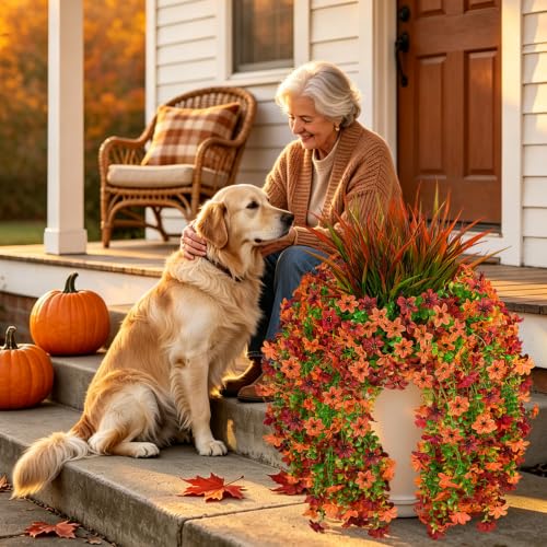 Artificial Fall Hanging Flowers - Faux Mums with Grass, Brown Red, 6-Petaled, 7PCS