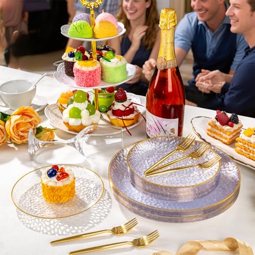 Clear Gold Hammered Plastic Dessert Plates & Forks Set - 240 Pcs Party Tableware