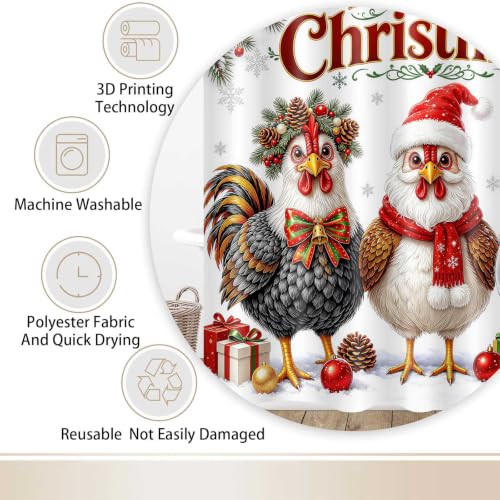 Christmas Shower Curtain 72x72 Inches, Cute Chicken Snowman Winter Holiday Decor, Red