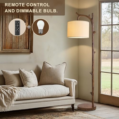 OYEARS Tree Wood-Grain Farmhouse Floor Lamp with Remote - Rustic Standing Lamp for Living Room