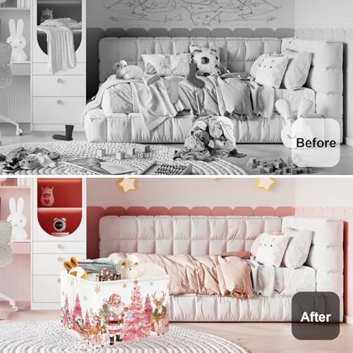 Pink Santa Claus Baby Laundry Hamper Christmas Clothes Kids Storage Basket Large Poinsettia Reindeer Sleigh Snowflake Girls Gift Toy Box Bin, Tree, 36L