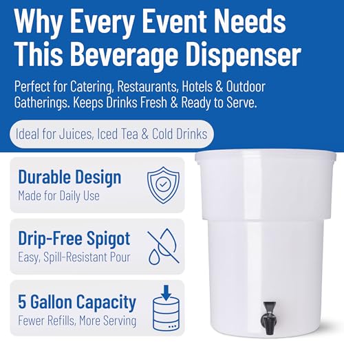 5 Gallon White Plastic Beverage Dispenser with Spigot - Modern Design, Leak-Proof, Catering Use