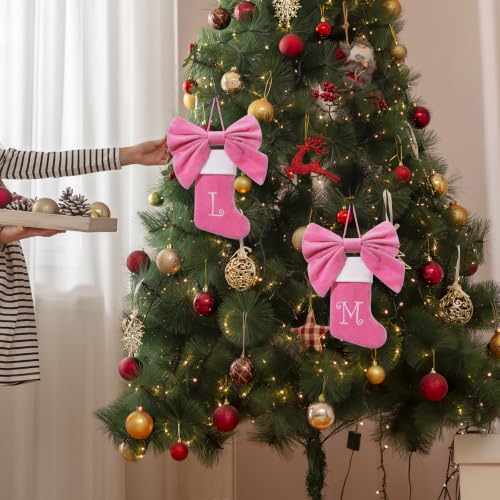 Siriphum Mini Pink Velvet Christmas Stocking with Embroidered Monogram & Bow - Pink/H