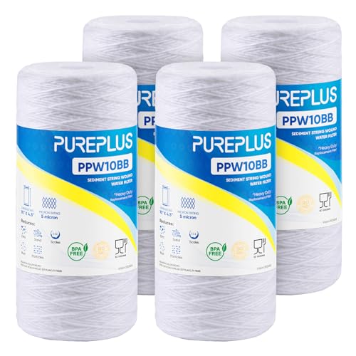 PUREPLUS 5 Micron Whole House Water Filter Cartridge 4 Pack for Well Water - 10 x 4.5 Inches