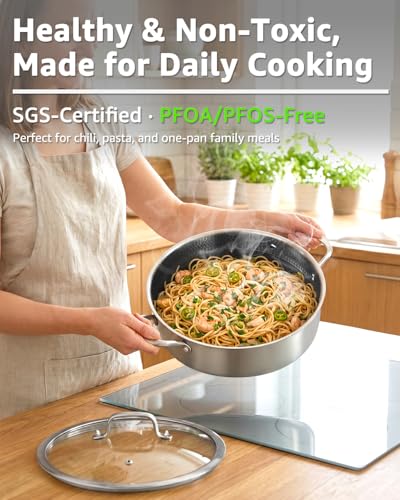 LOLYKITCH 8 QT Deep Frying Pan with Lid - 13 Inch Stainless Steel Skillet, Riveted Handles