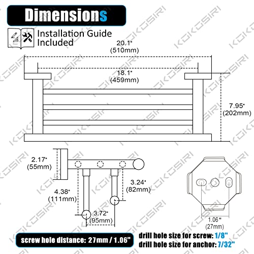20 Inch Towel Rail with Double Bars - Brushed Steel Wall Mounted Bathroom Towel Holder