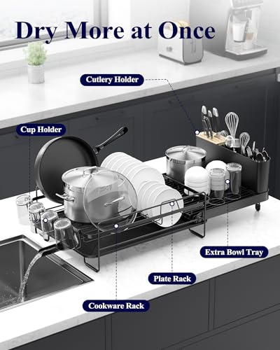 Extendable Dish Drying Rack Black - Adjustable Kitchen Drain Organizer with Cutlery & Cup Holders - Standard Variation