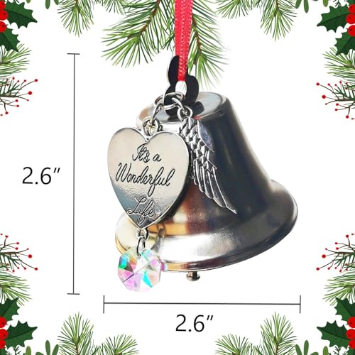 It's a Wonderful Life Christmas Bell Ornament, Stainless Steel Christmas Ornaments for Christmas Tree Wedding Anniversary Decoration Pendants with Angel Wings and Crystal Charm