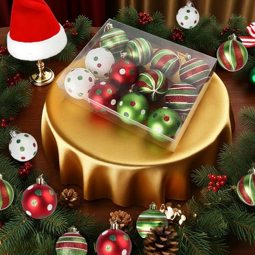 12-Pack 2.4 Inch Red & Green Christmas Ball Ornaments - Glitter Hanging Bulbs