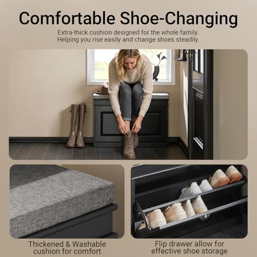 Haotian Shoe Storage Bench with Cushion - Black, 1 Drawer, 29.5x9.4x20"