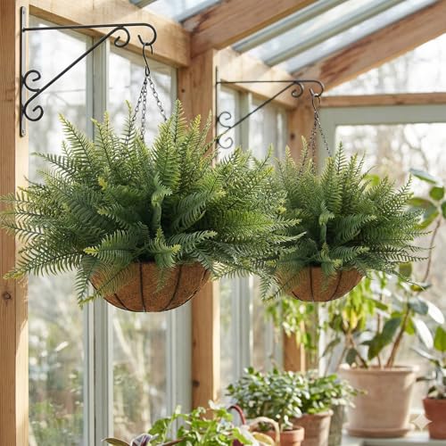 Green Fake Ferns Hanging Baskets - 2 Pcs Outdoor & Indoor Decor, No Maintenance
