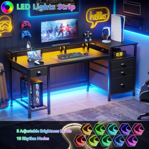 Furologee 60" Gaming Desk with 4 Drawers & LED Lights, Power Outlet,
