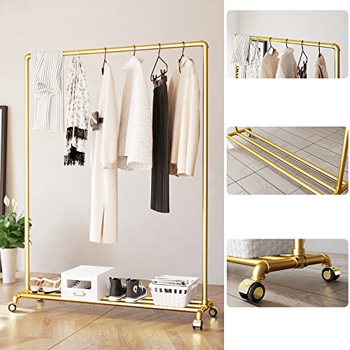 Clothing Rack with Bottom Shelf 47"L - Gold Heavy Duty Garment Rack on Wheels