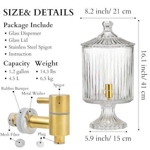 2.2 Gallon Clear Crystal Ribbed Glass Drink Dispenser with Stand & Gold Spigot