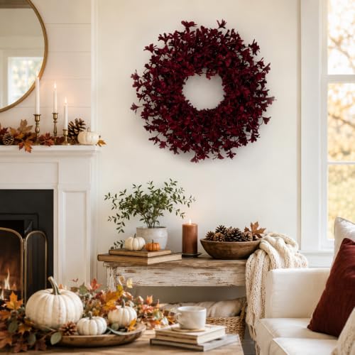 24 Inch Burgundy Fall Wreath with Artificial Forsythia for Front Door