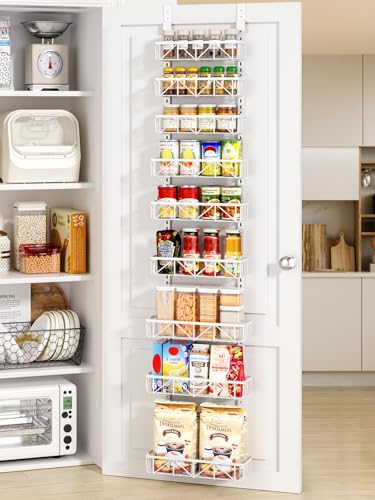 White 12.5-Inch 9-Tier Over the Door Pantry Organizer - Adjustable Metal Spice Rack