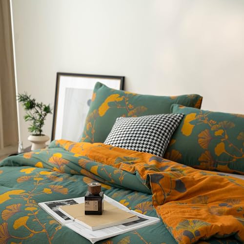 Reversible Cotton Jacquard Comforter Set - Floral Ginkgo Leaves Print, King, Green Yellow