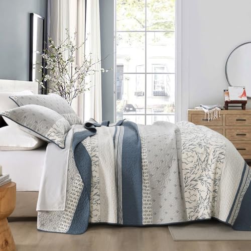 Queen Cotton Quilt Set with Botanical Stripe Design - Moonlight Blue & Gray