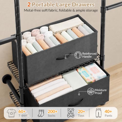 Black Wall Mounted Clothes Rack with 2 Drawers - 3-Row Expandable Closet