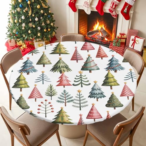 55-60in Round Fitted Christmas Tablecloth with Elastic Edge Waterproof White Tree Pattern