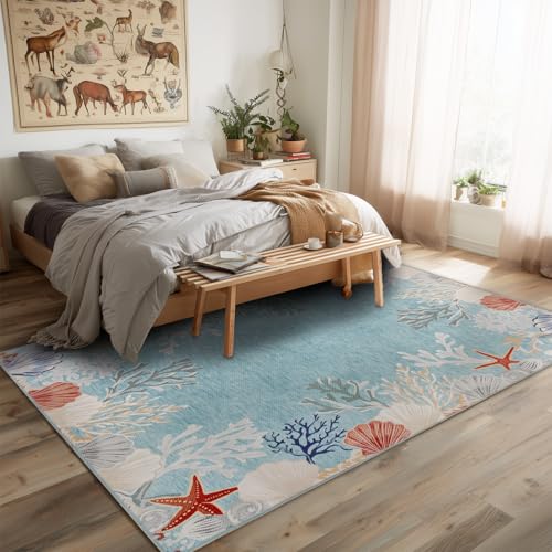 Ocean Blue Coastal Area Rug 8'x10' Washable Non-Slip Nautical Home Decor