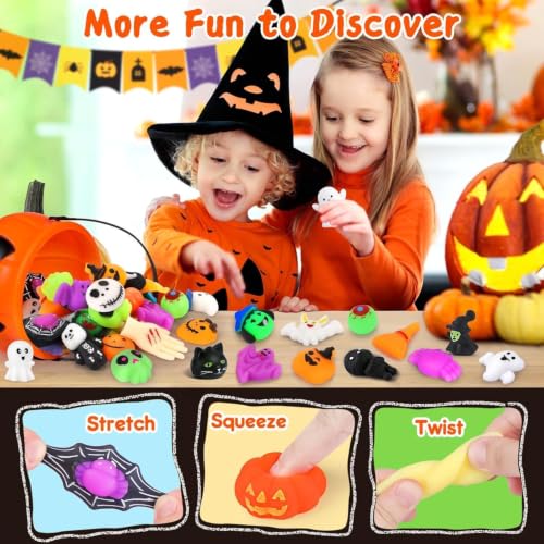 Halloween Mochi Squishy Toys with Pumpkin Bucket - 50Pcs Set for Kids & Party Favors