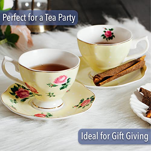 Multicolor Floral Tea Cup & Saucer Set of 8, 8 oz Porcelain Coffee Teacups with Gold Trim