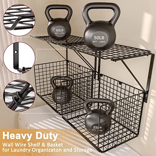 Laundry Room Wall Shelf with Wire Basket & Hooks - Black, Standard Variation