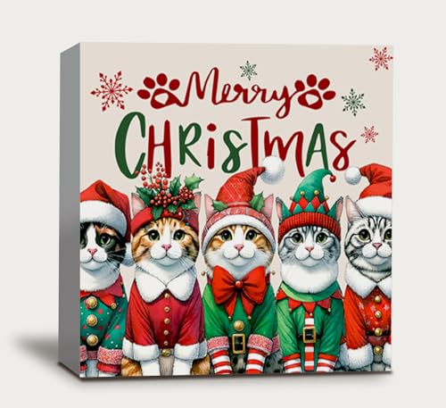 Merry Christmas Cat Bathroom Decor Sign - Cute 5x5 Inch Wooden Cat Sign
