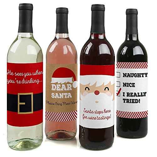 Big Dot of Happiness Funny Jolly Santa Claus - Christmas Party Decorations for Women and Men - Wine Bottle Label Stickers - Set of 4