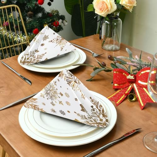 Christmas Snowflakes Cloth Napkin Set of 6 Gold White Reusable Holiday Table Linen