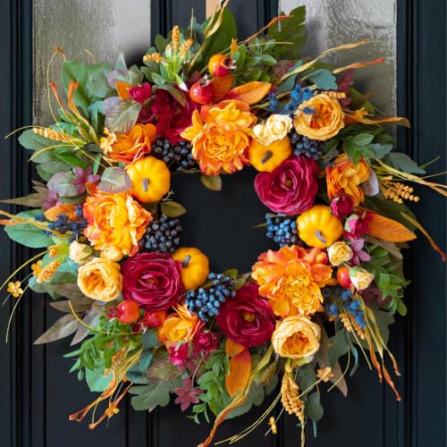 Artificial Fall Wreath for Front Door with Burgundy Roses & Orange Peony - 24 Inch