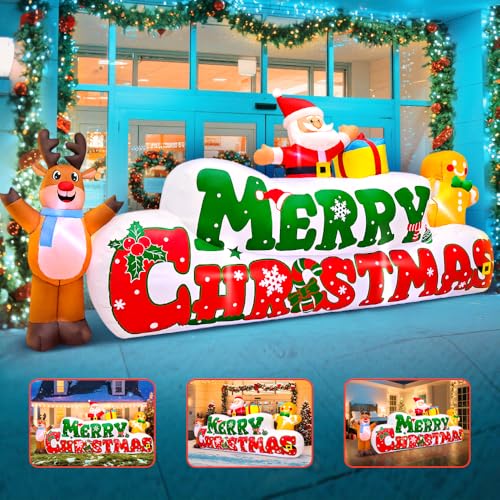 10FT Christmas Inflatable Yard Decoration with Santa, Gingerbread & Reindeer - Built-in LED Lights (Banner Variation)