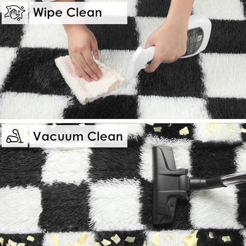 KICMOR 8x10 Black & White Checkered Shag Area Rug - Large Fluffy Plush Carpet for Living Room, Bedroom, Nursery