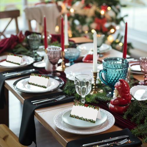 Red Bow Christmas Place Cards 25 Pack, Foldable Tent Name Cards for Holiday & Wedding
