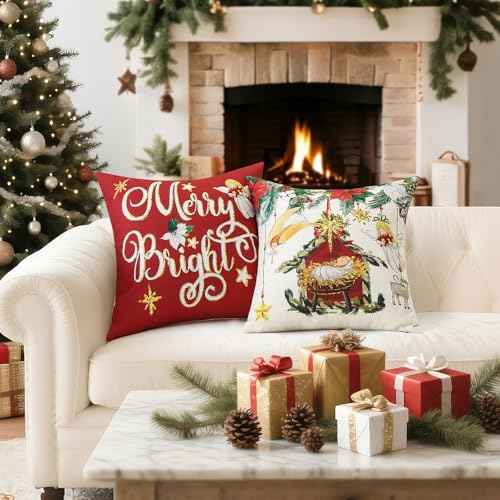 Artscope Christmas Oh Holy Night Merry Bright Jesus Wreath Throw Pillow Covers 18x18 Inch Set of 4, Winter Hoilday Christmas Decoration Pillow Cases for Home Sofa Couch Decor-Red