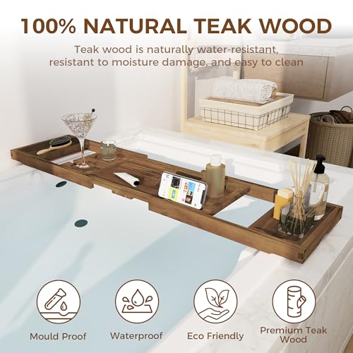 Dark Walnut Teak Bathtub Tray Expandable 28-40 Inch with Wine Glass & Phone Holders