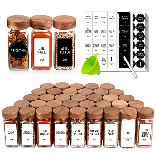 48-Pack Glass Spice Jars with Acacia Wood Lids, Labels & Funnel - Kitchen Organization