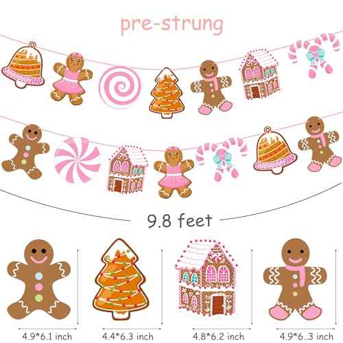 Gingerbread Christmas Decorations Pink Gingerbread Theme Banners 2PCS Christmas Candy Decor Gingerbread House Holiday Cuout Banners for Girls Xmas Birthday Baby Shower Supplies