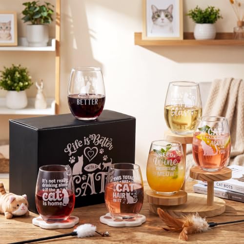 Rtteri 6-Pack 20oz Cat Stemless Wine Glasses - Cat Lover Gift Set